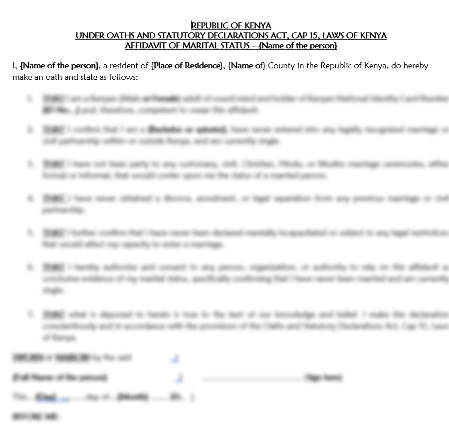 Affidavit of No Marriage in Kenya or Affidavit of No Impediment to Marriage