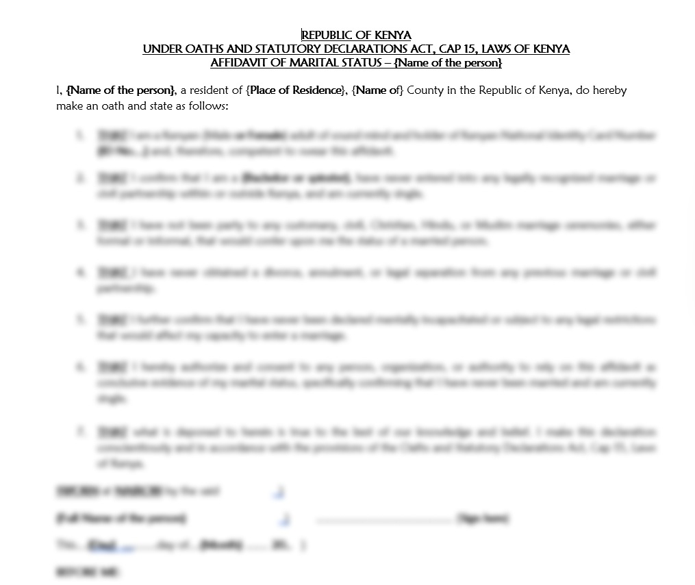 Affidavit of No Marriage in Kenya or Affidavit of No Impediment to Marriage