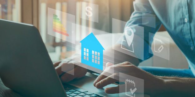 A person using a laptop with virtual icons representing property due diligence elements such as a house, location pin, checklist, and dollar sign, symbolizing real estate research and transactions | A Simplified/ Comprehensive Guide to Due Diligence in Property Transactions in Kenya | Njaga Advocates real estate lawyers