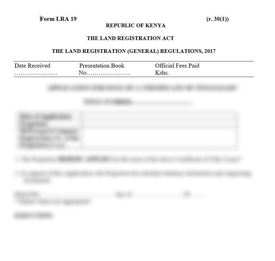 Application for Issue of a Certificate of Title Lease - Form LRA-19