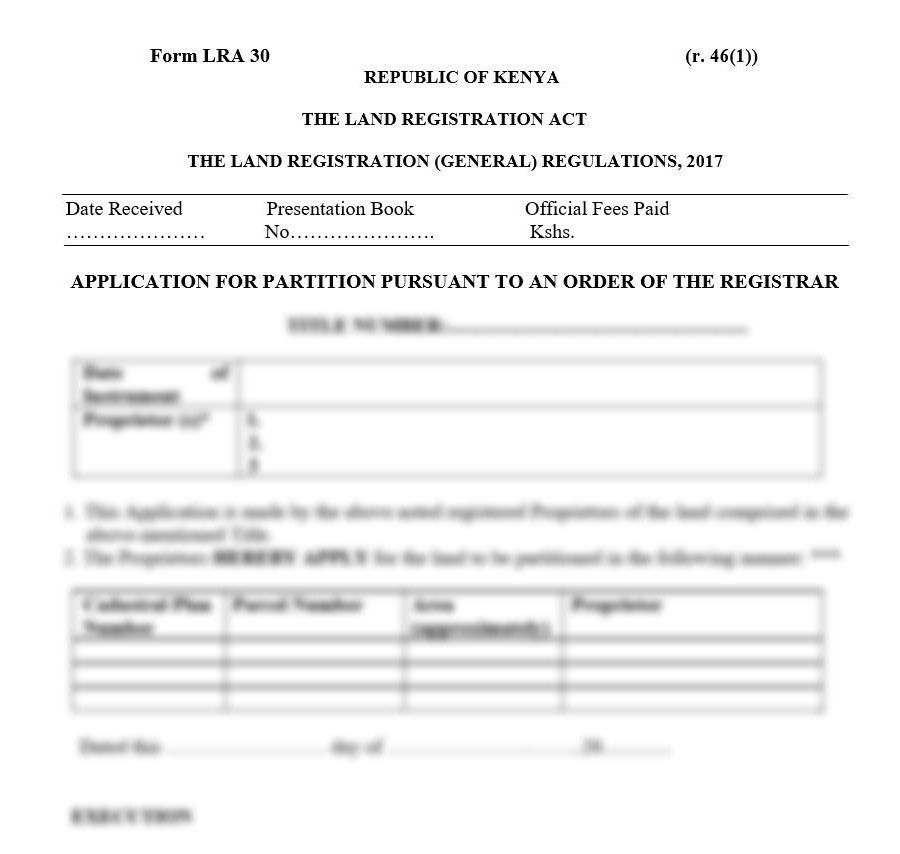 Application for Partition Pursuant to an Order of the Registrar - Form LRA-30