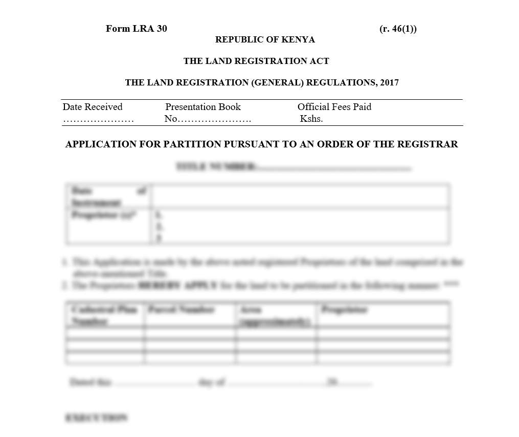Application for Partition Pursuant to an Order of the Registrar - Form LRA-30