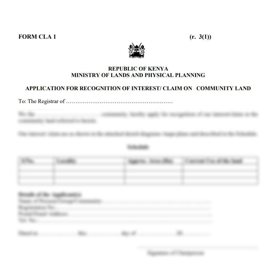 Application for Recognition of Interest/ Claim on Community Land - Form CLA-1