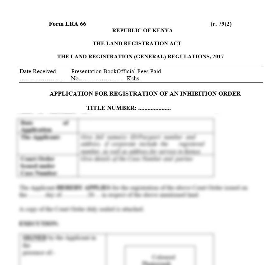 Application for Registration of an Inhibition Order - Form LRA-66
