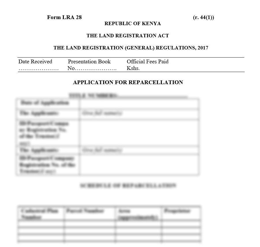 Application for Reparcellation - Form LRA-28