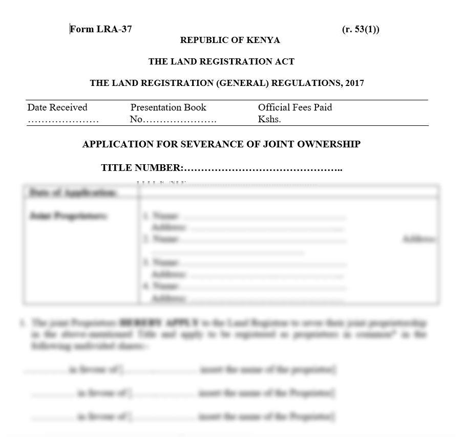 Application for Severance of Joint Ownership - Form LRA-37