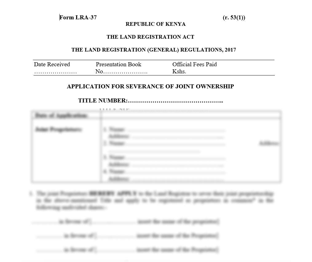 Application for Severance of Joint Ownership - Form LRA-37