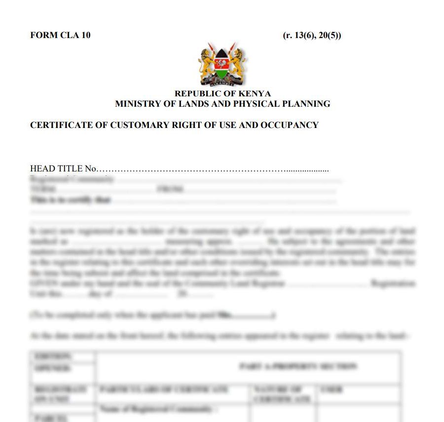 Certificate of Customary Right of Use and Occupancy - Form CLA-10