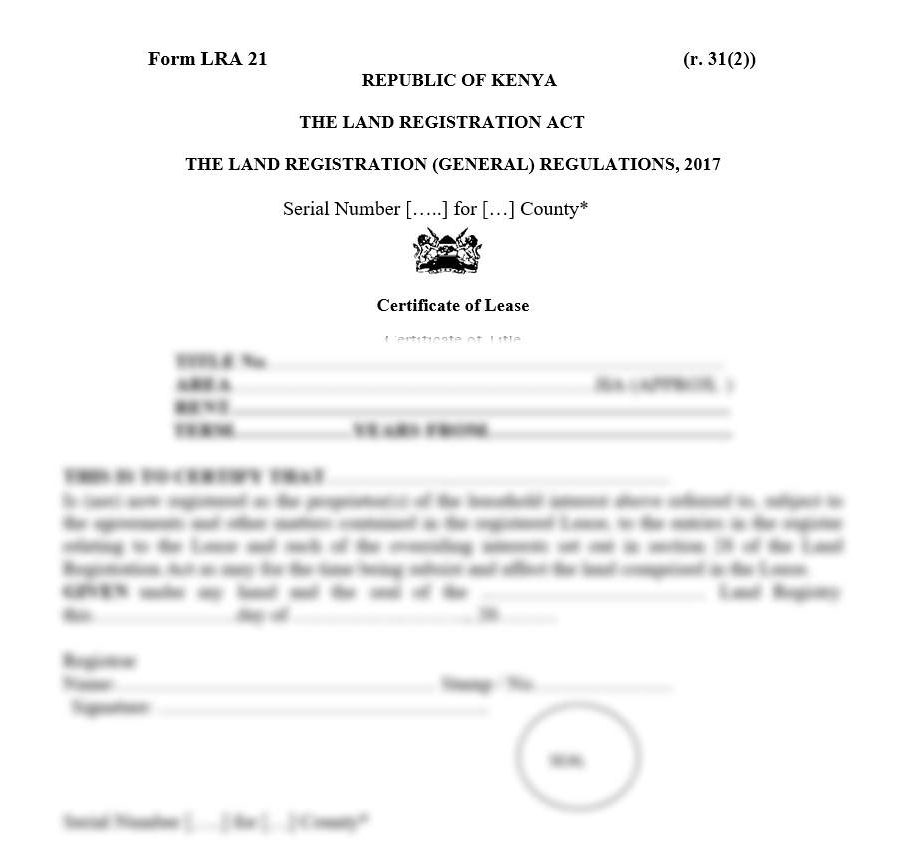 Certificate of Lease - Form LRA-21 | land forms in kenya