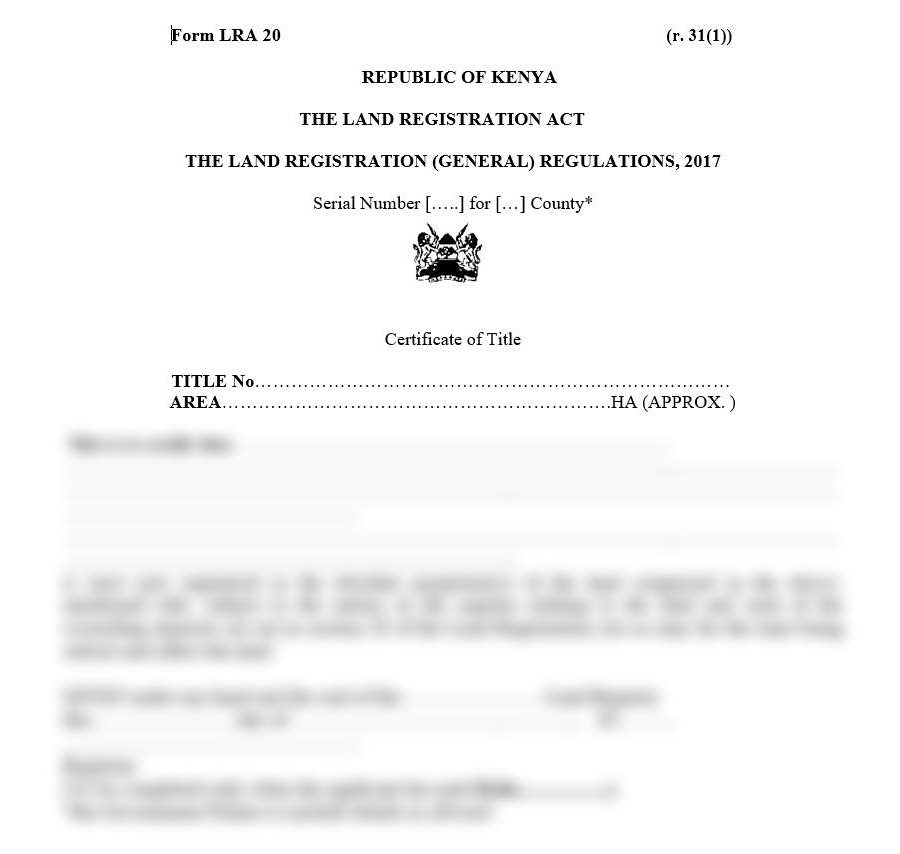 Certificate of Title - Form LRA-20 | land forms in kenya