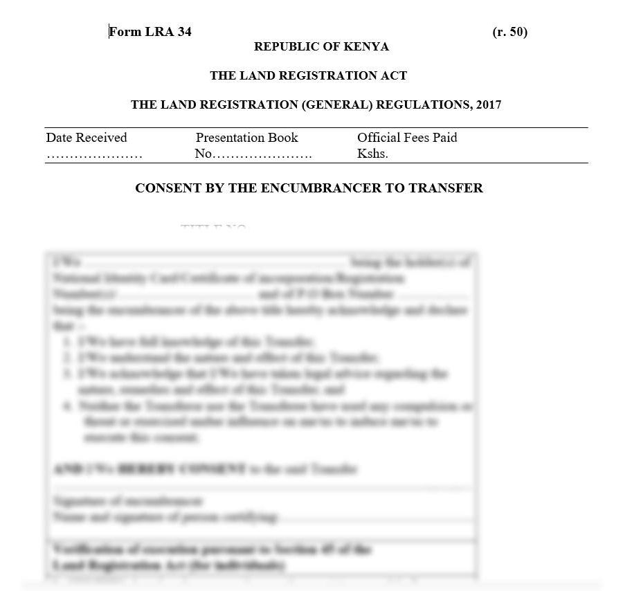Consent by the Encumbrancer to Transfer Form LRA-34 | land forms in kenya