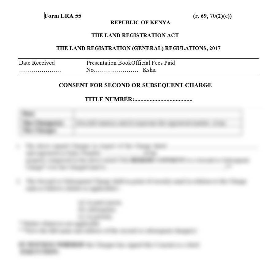 Consent for Second or Subsequent Charge - Form LRA-55 | land forms in Kenya