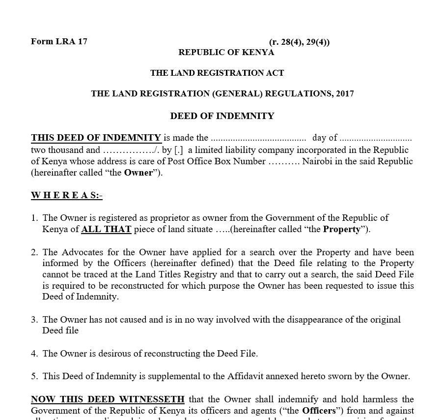 Deed of Indemnity Form LRA-17 | land forms in kenya