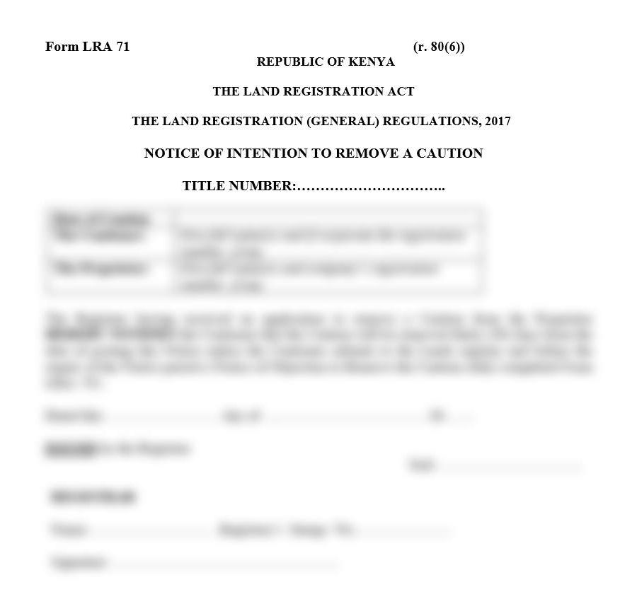 Notice of Intention to Remove a Caution - Form LRA-71 | Free land forms in Kenya