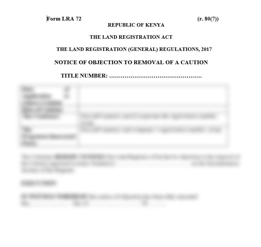 Notice of Objection to Removal of a Caution - Form LRA-72 | land forms free templates