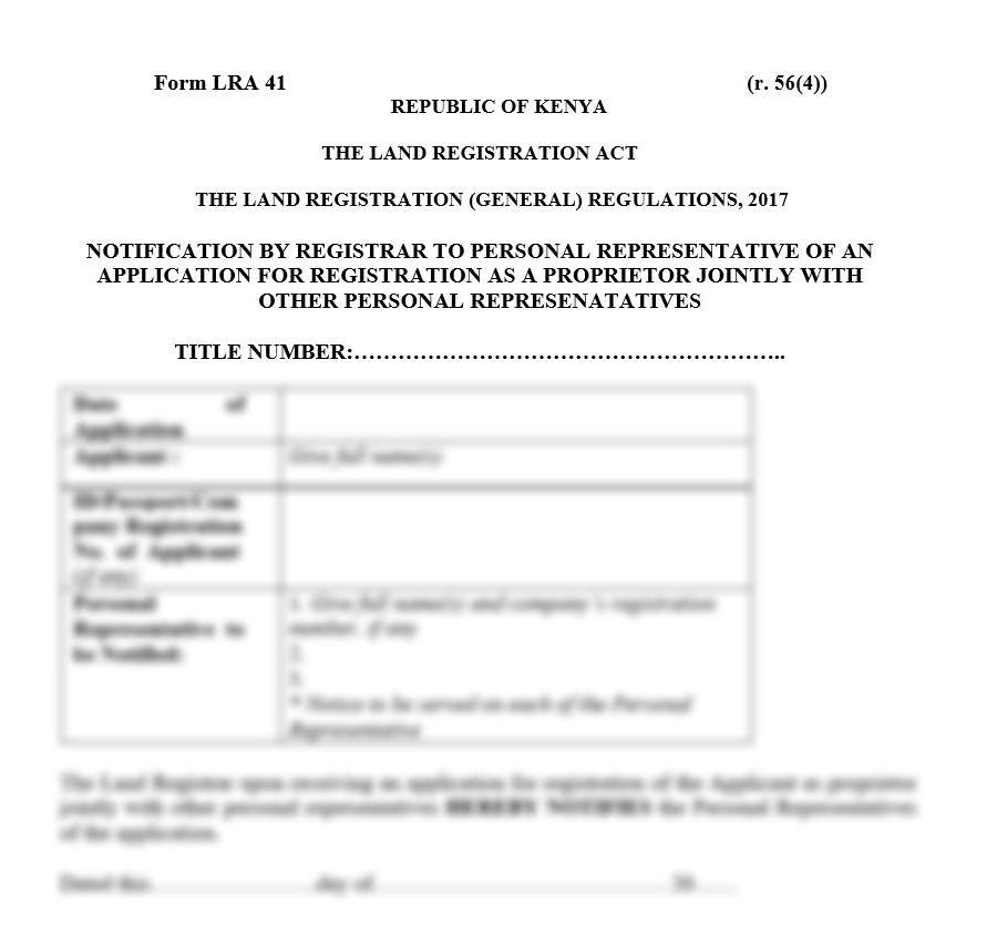 Transfer by Personal Representative to Purchaser - Form LRA-43 | land forms in kenya