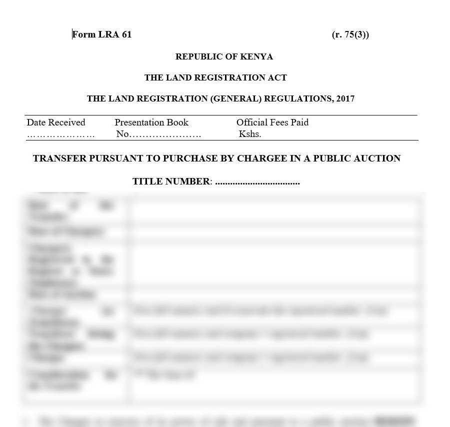 Transfer Pursuant to Purchase by Chargee in a Public Auction - Form LRA-61