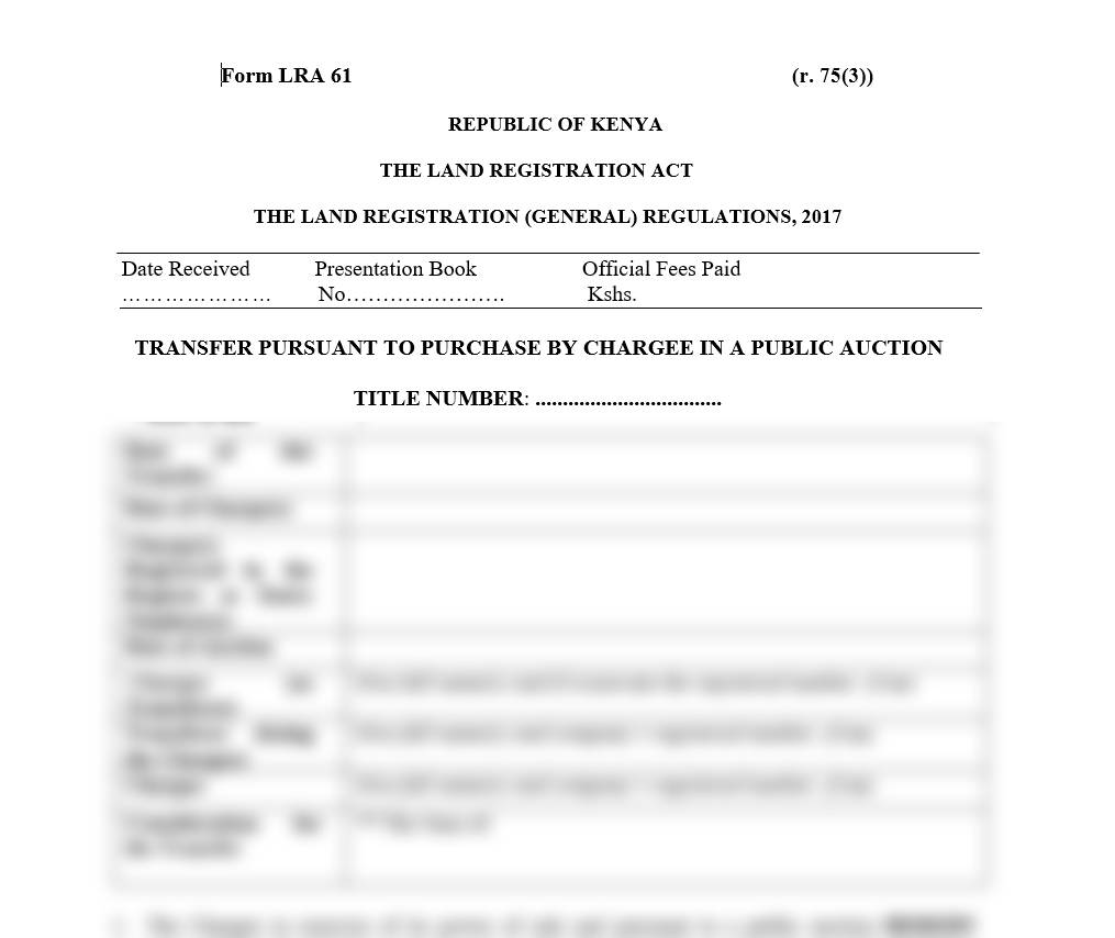Transfer Pursuant to Purchase by Chargee in a Public Auction - Form LRA-61