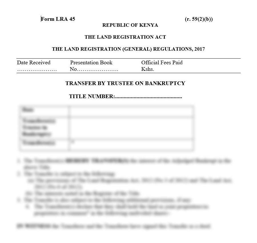 Transfer by Trustee on Bankruptcy B - Form LRA-45 | land registration forms