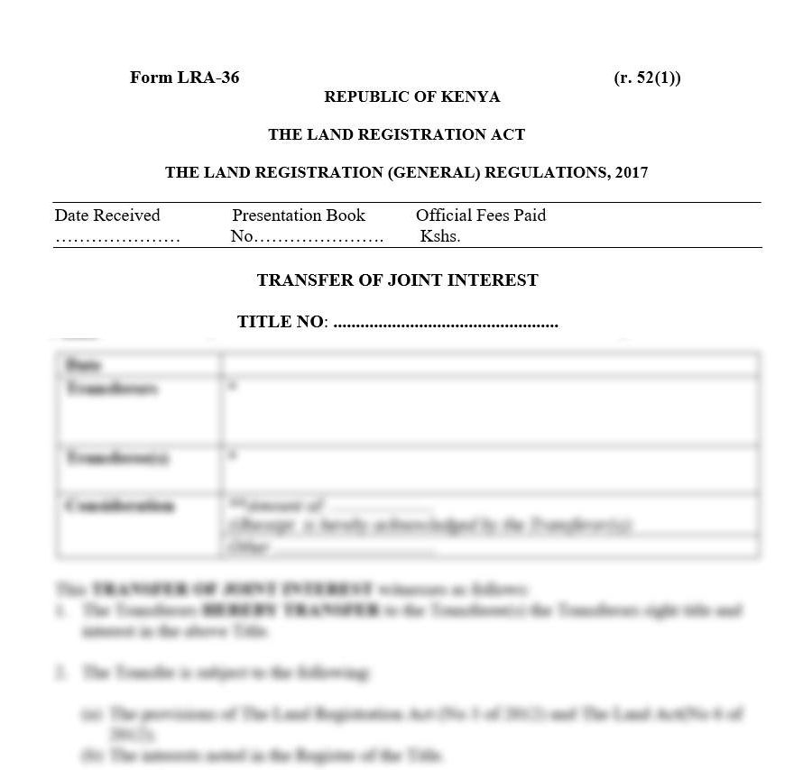 Transfer of Joint Interest - Form LRA-36 | lra forms in kenya