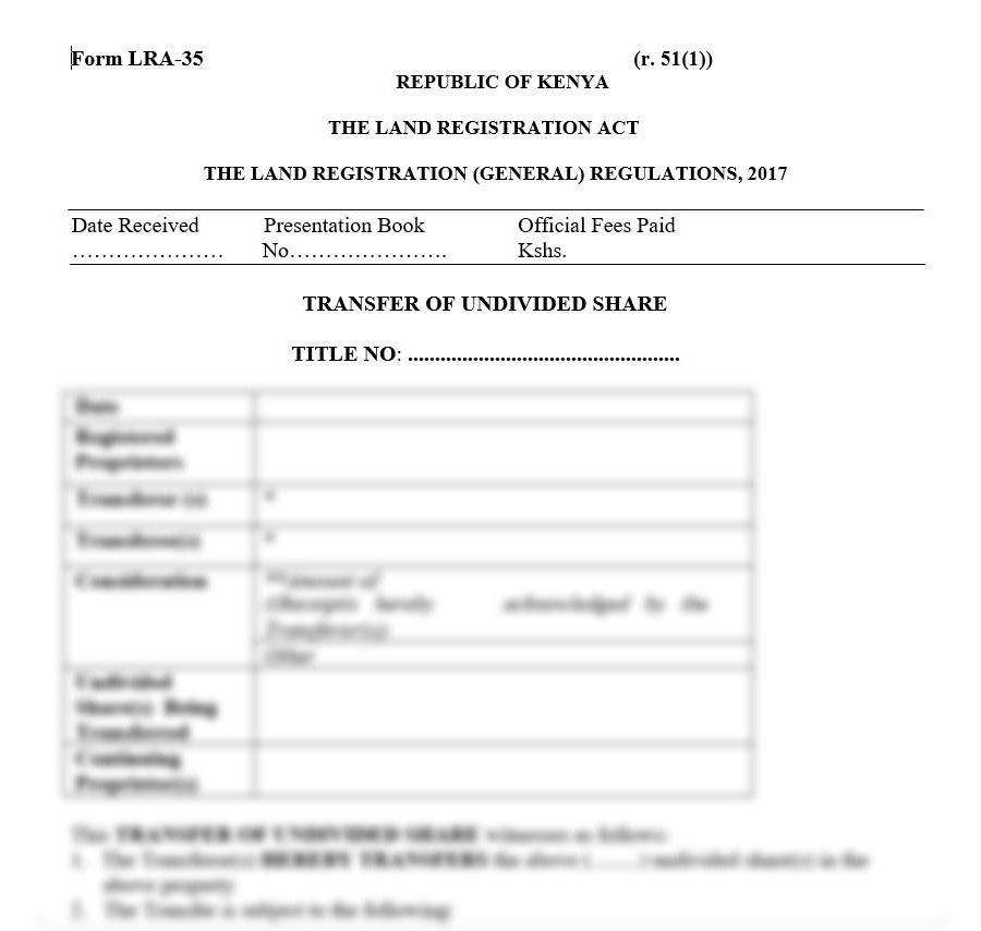 Transfer of Undivided Share - Form LRA-35 | land forms in kenya