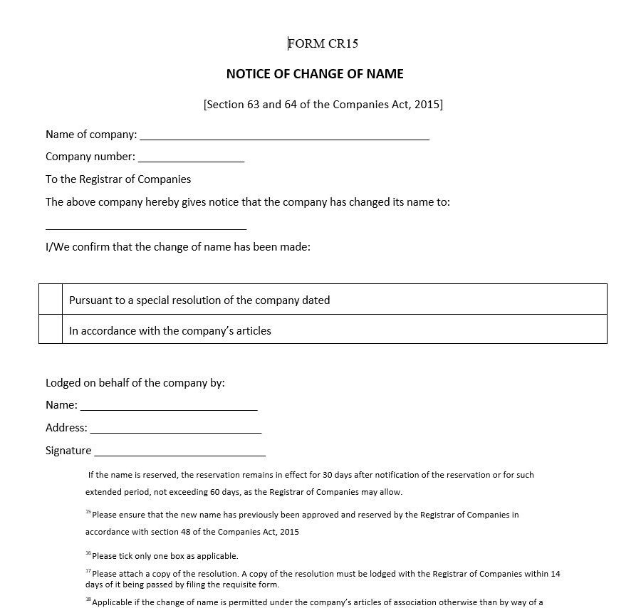 Notice of Change of Name by Means Provided for in a Company’s Articles – Form CR 15