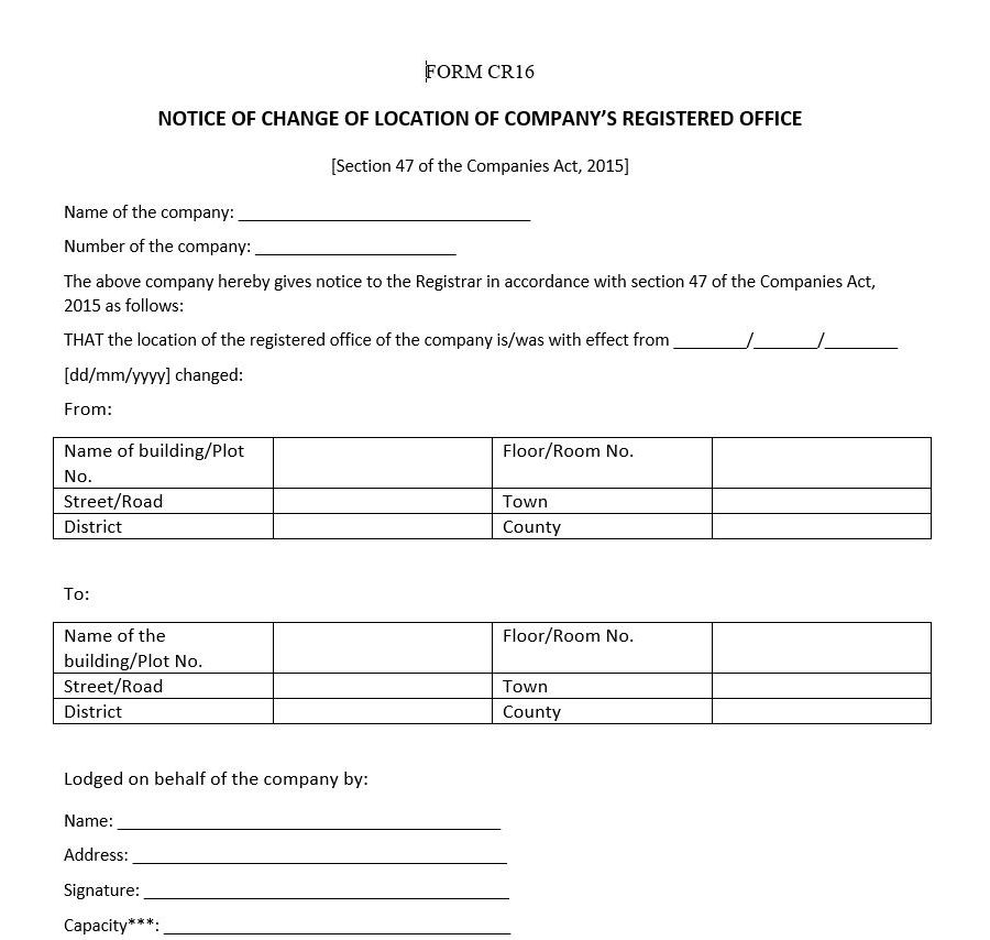 Notice of change of location of company’s registered office