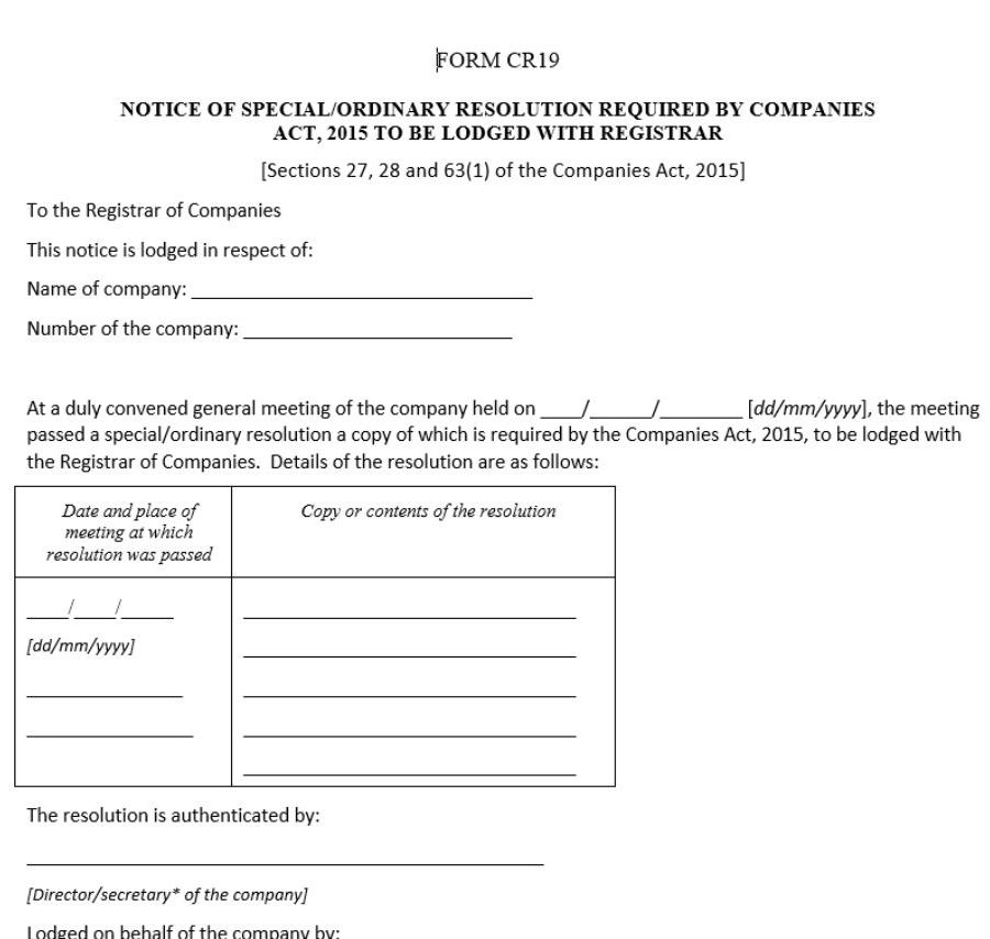 Notice of special/ordinary resolution required by companies act to be lodged with registrar