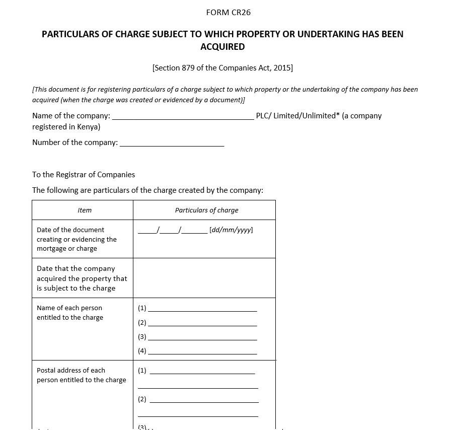 Particulars of Charge Subject to Which Property or Undertaking Has Been Acquired – [Section 879 of the Companies Act, 2015] – Form CR 26