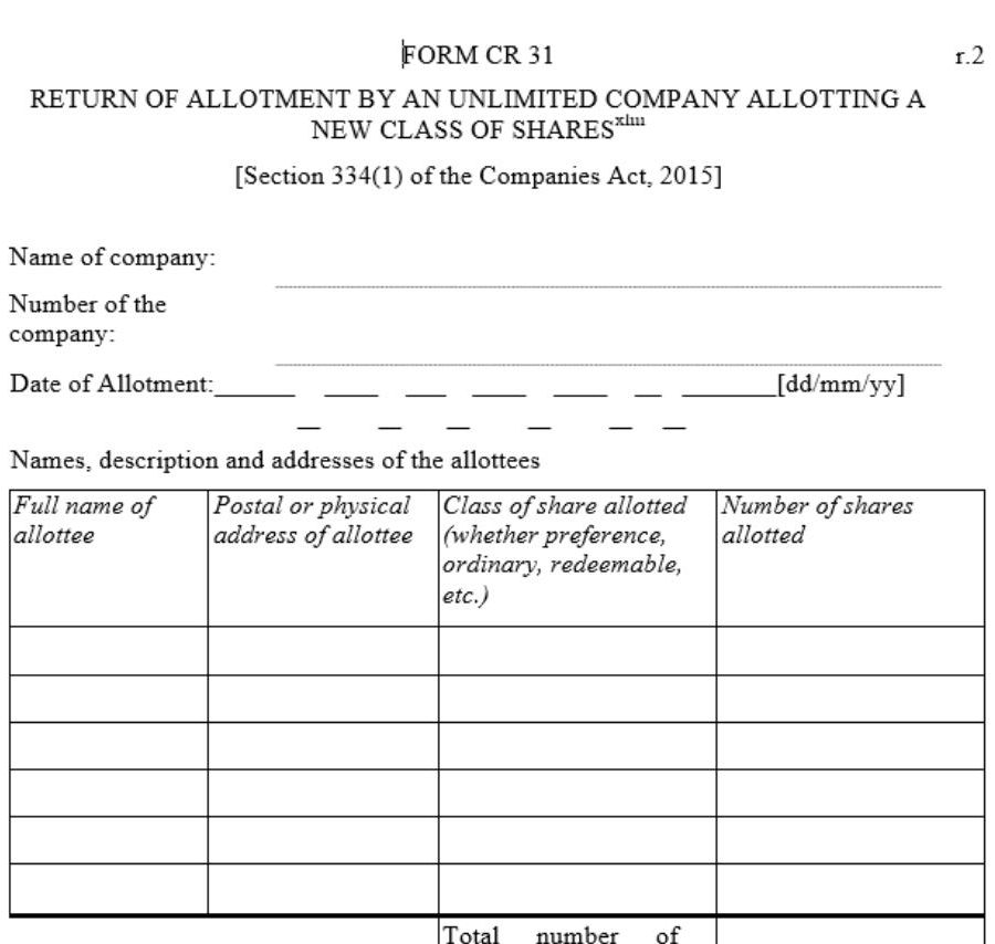 Return of Allotment by an Unlimited Company Allotting a New Class of Shares – [Section 334(1) of the Companies Act, 2015] – Form CR 31