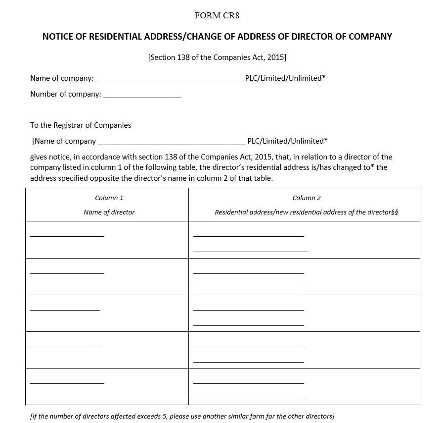 Notice of Residential Address/Change of Address of Director of Company - [Section 138 of the Companies Act, 2015] - Form CR8
