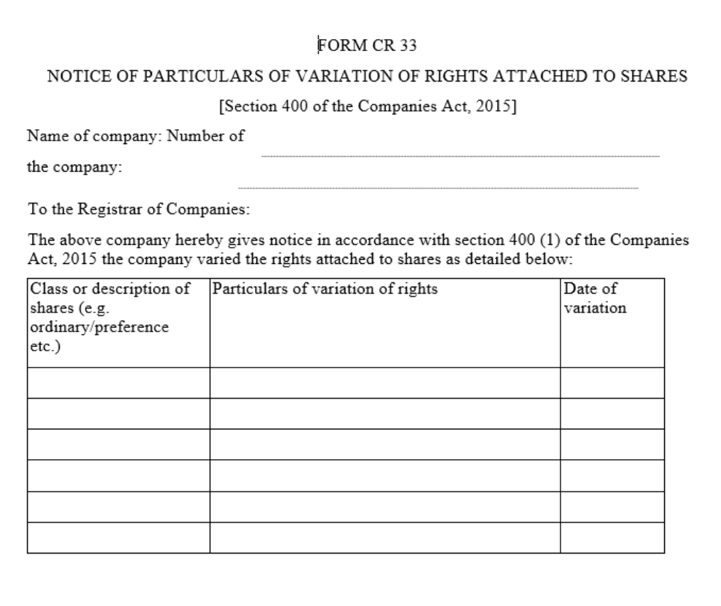Notice of particulars of variation of rights attached to shares