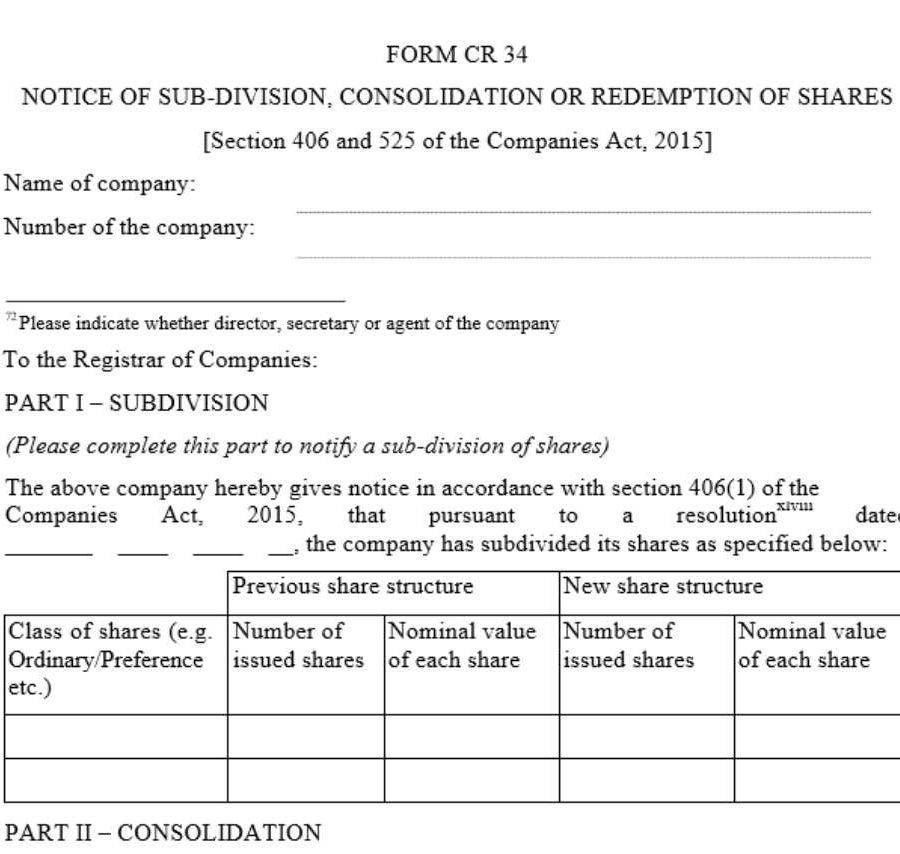 Notice of sub-division, consolidation or redemption of shares