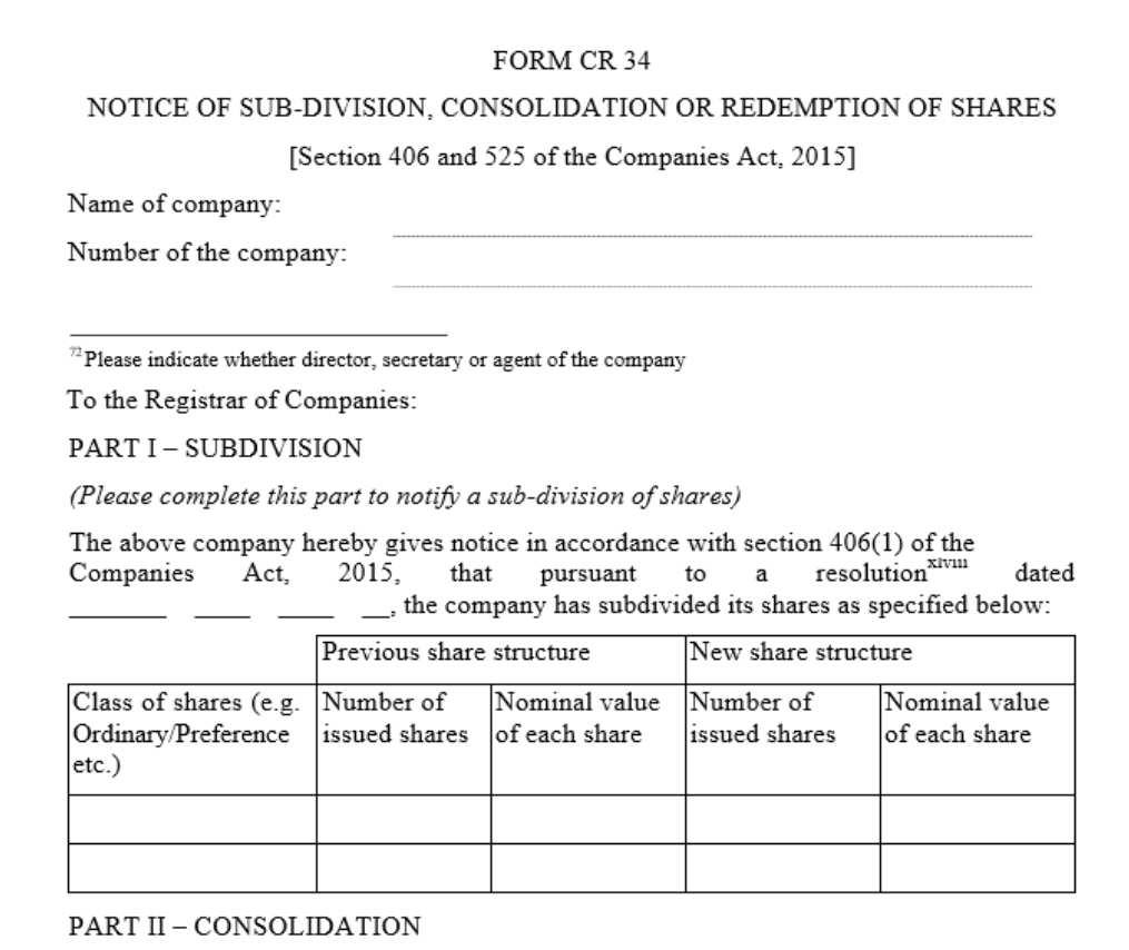 Notice of sub-division, consolidation or redemption of shares