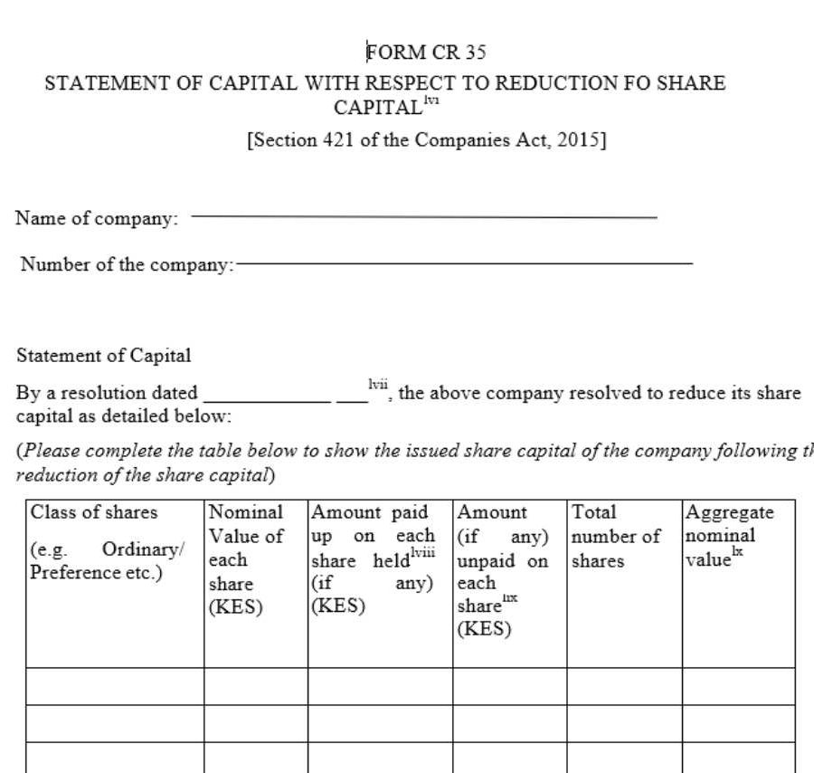Statement of Capital With Respect to Reduction fo Share Capital - [Section 421 of the Companies Act, 2015] – Form CR 35