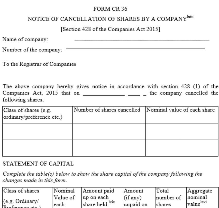 Notice of cancellation of shares by a company