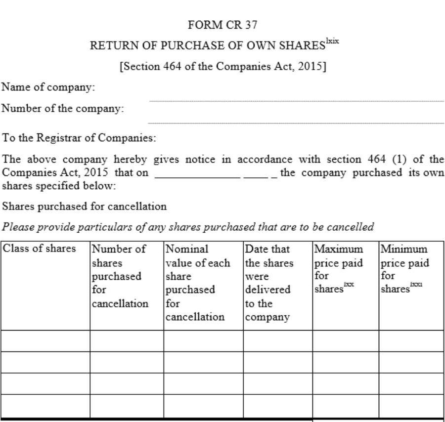 Return of Purchase of Own Shares – [Section 464 of the Companies Act, 2015]