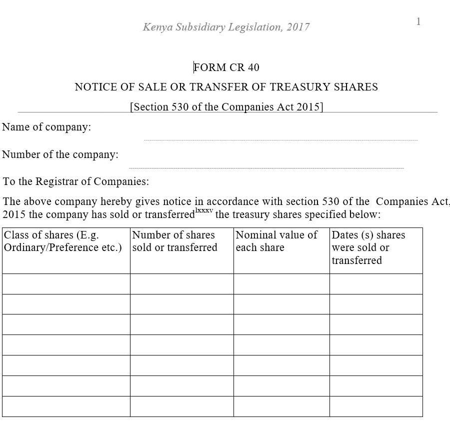 Download free Notice of Sale or Transfer of Treasury Shares – [Section 530 of the Companies Act, 2015] | free legal documents in Kenya
