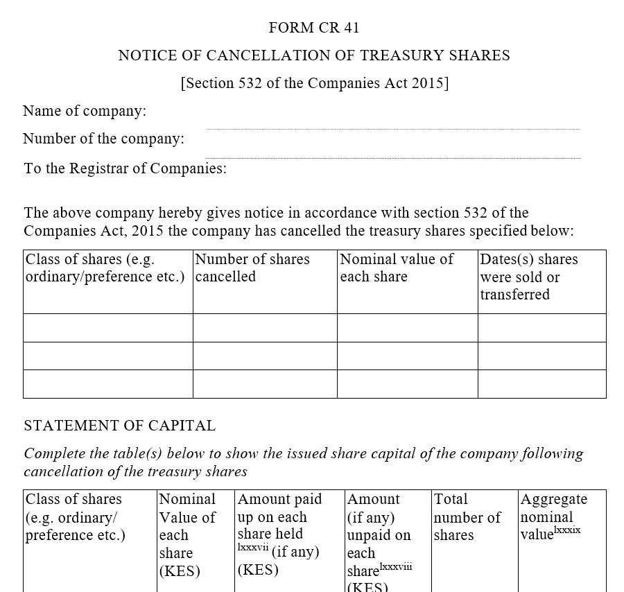 Notice of Cancellation of Treasury Shares – [Section 532 of the Companies Act, 2015] – Form CR41