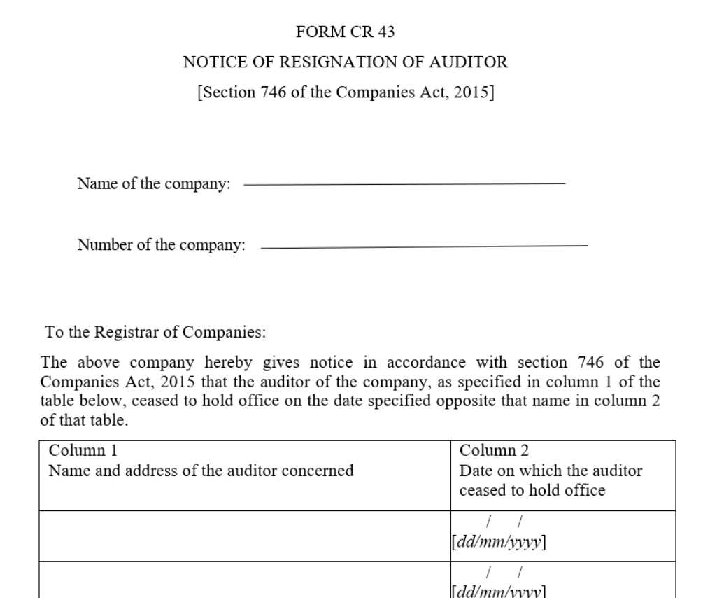 Notice of Resignation of Auditor | Form CR43 | Download free legal documents | Legal services in Kenya