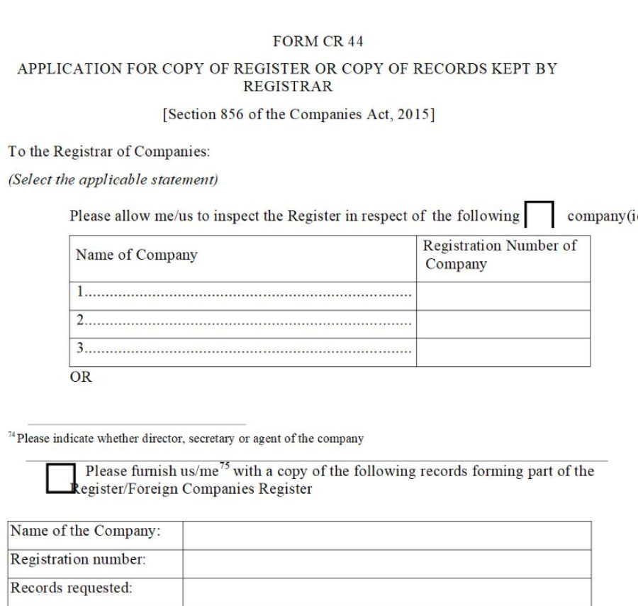 Application for Copy of Register or Copy of Records Kept by Registrar - [Section 856 of the Companies Act, 2015] – Form CR44