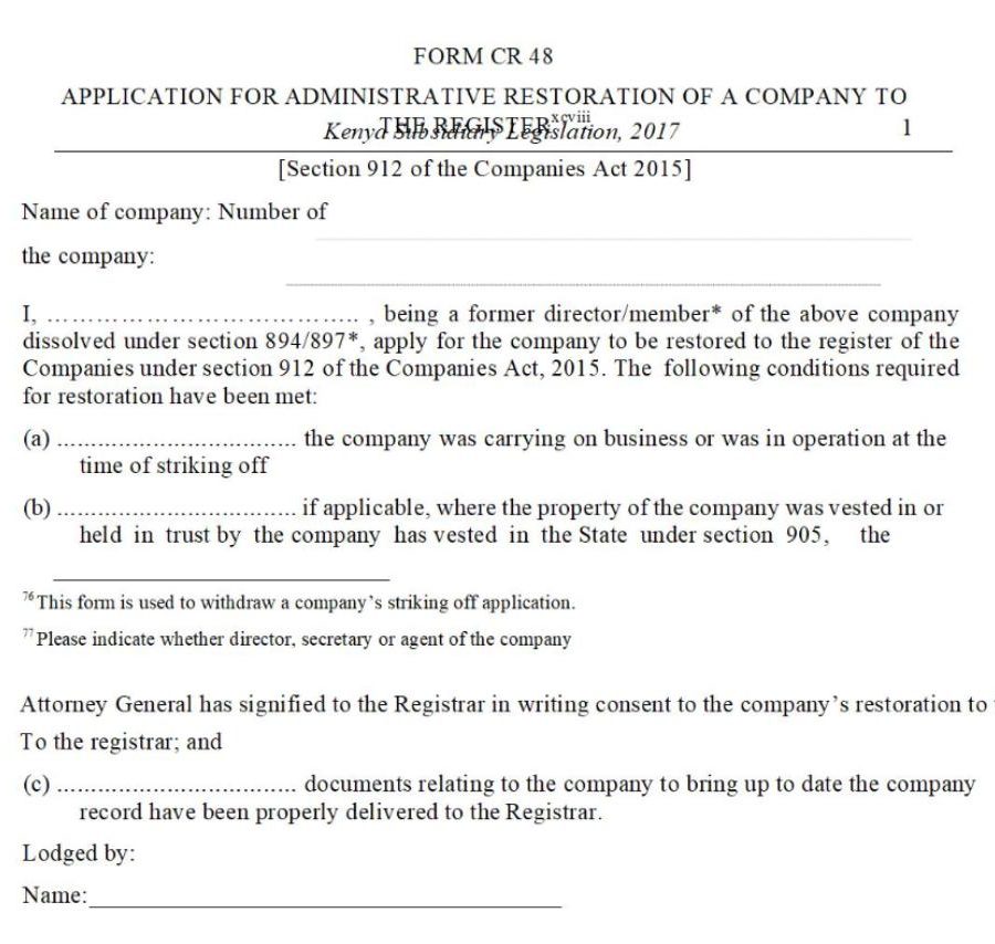 Application for Administrative Restoration of a Company to the Register - [Section 912 of the Companies Act 2015] – Form CR48