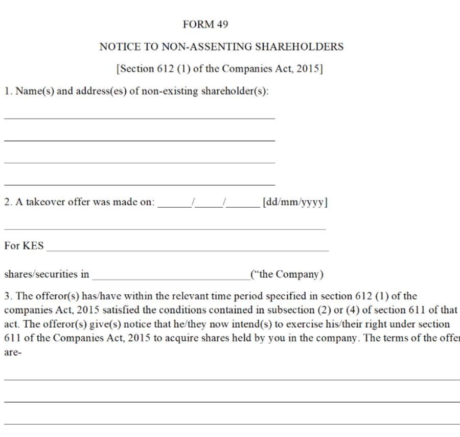 Notice to Non-assenting Shareholders - [Section 612 (1) of the Companies Act, 2015] – Form CR49