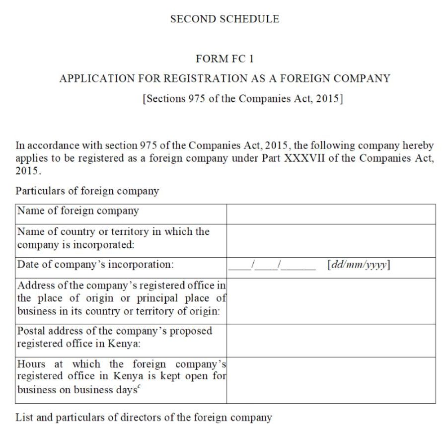 Application for Registration as a Foreign Company – [Section 975 of the Companies Act, 2015] - FC1
