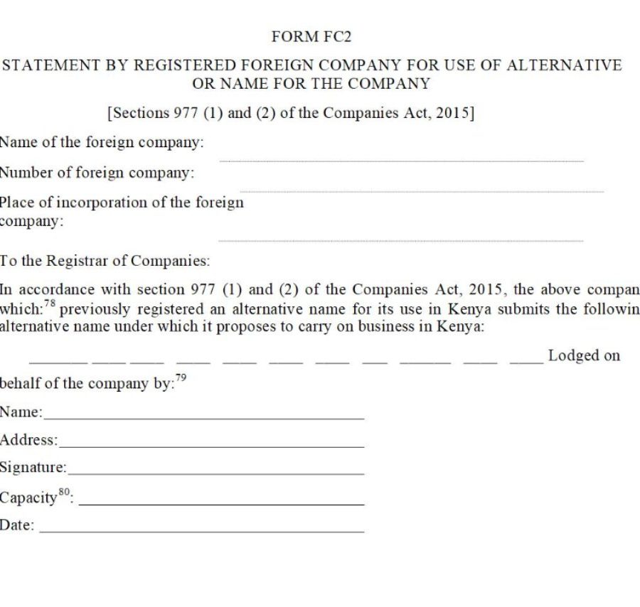 Statement by Registered Roreign Company for Use of Alternative or Name for the Company - [Sections 977 (1) and (2) of the Companies Act, 2015] - FC2